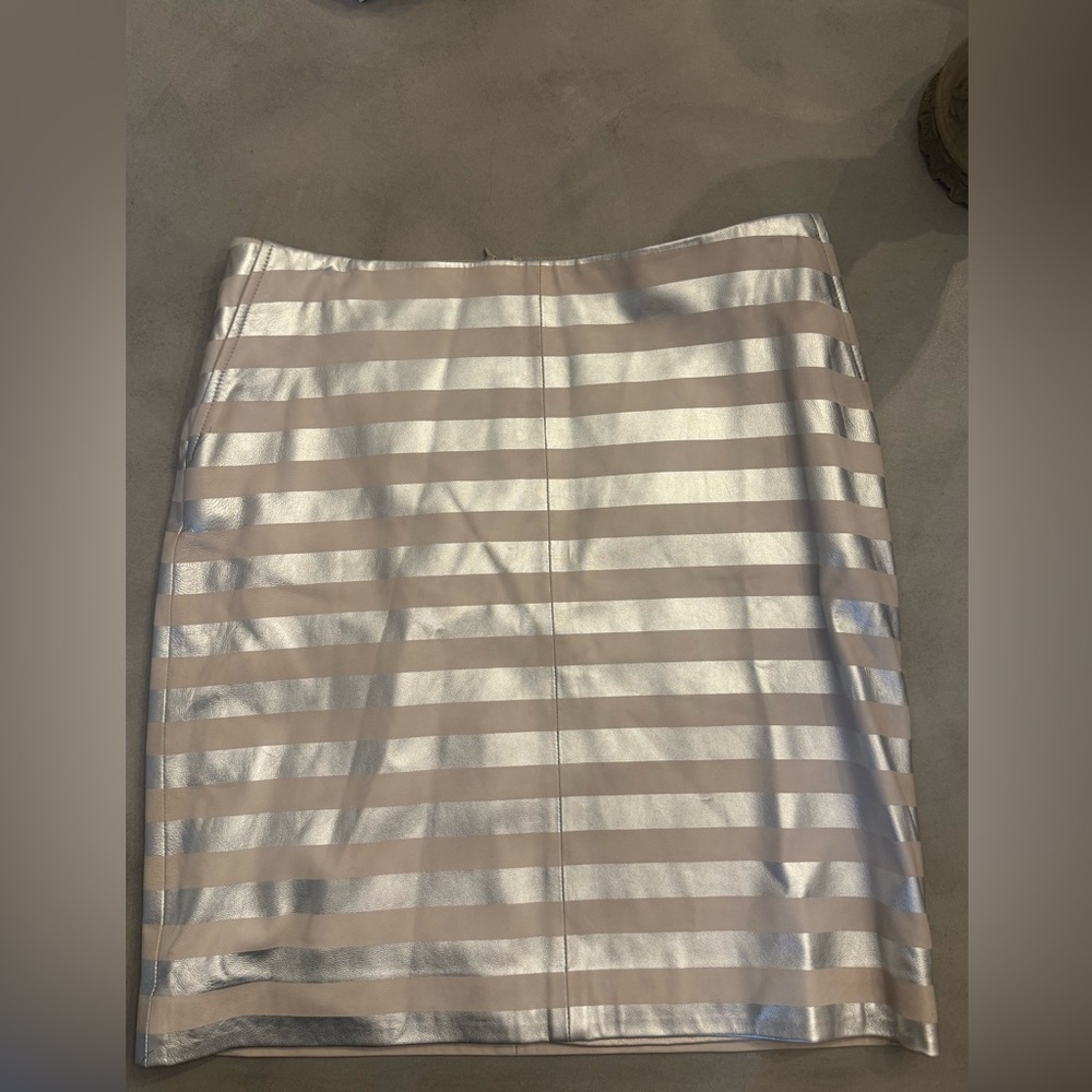 Weekend Max Mara Metallic Stripe Skirt Silver Taupe Leather Mini IT 42 US 6